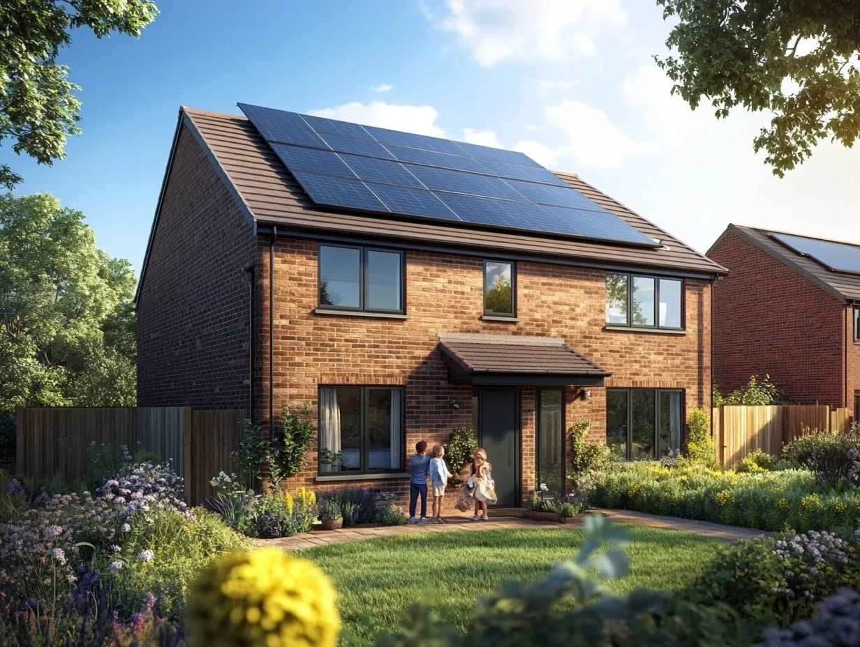 Modern brick family home with solar panels on the roof, viewed from the garden on a sunny day.