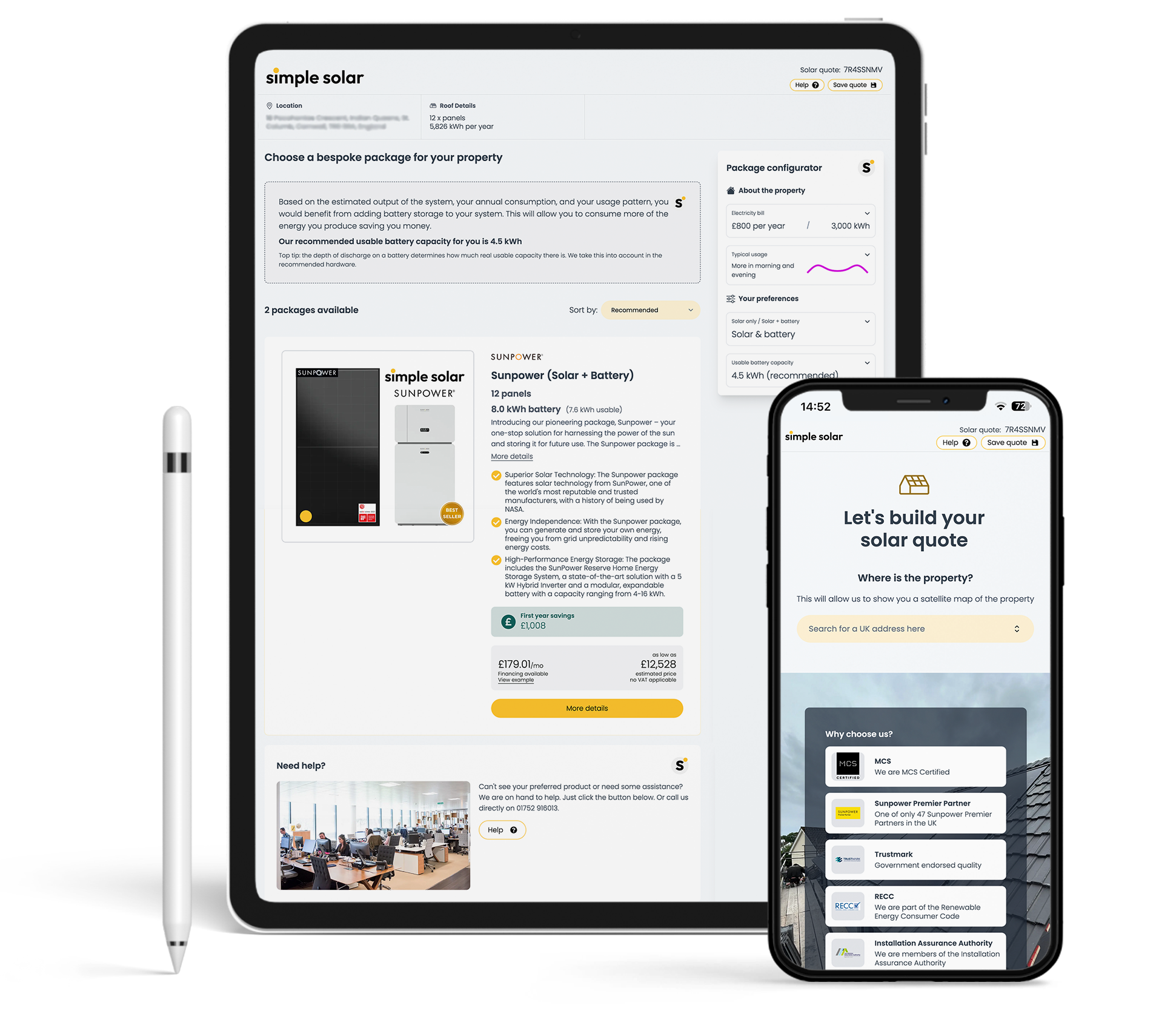Simple Solar quote builder shown on an iPad and iPhone.