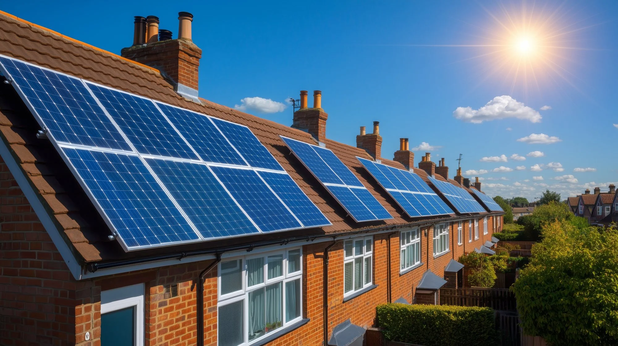 Row of traditional British brick terraced houses with tiled roofs covered in blue solar panels under a bright sunny sky with the sun visible.