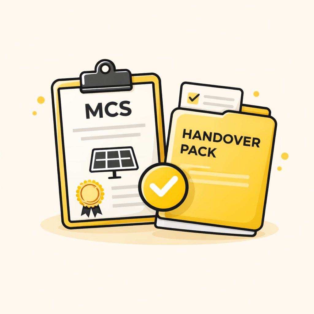 MCS certificate and handover pack folder with a tick