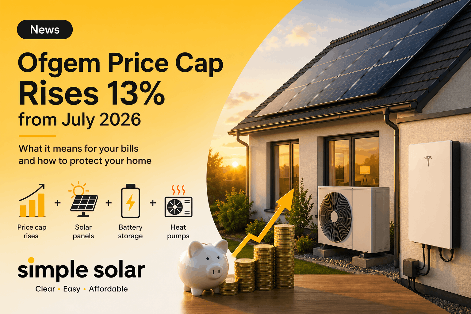 Graphic showing the Ofgem price cap rising 13% from July 2026, with a home using solar panels, battery storage and a heat pump to help protect against higher energy bills.