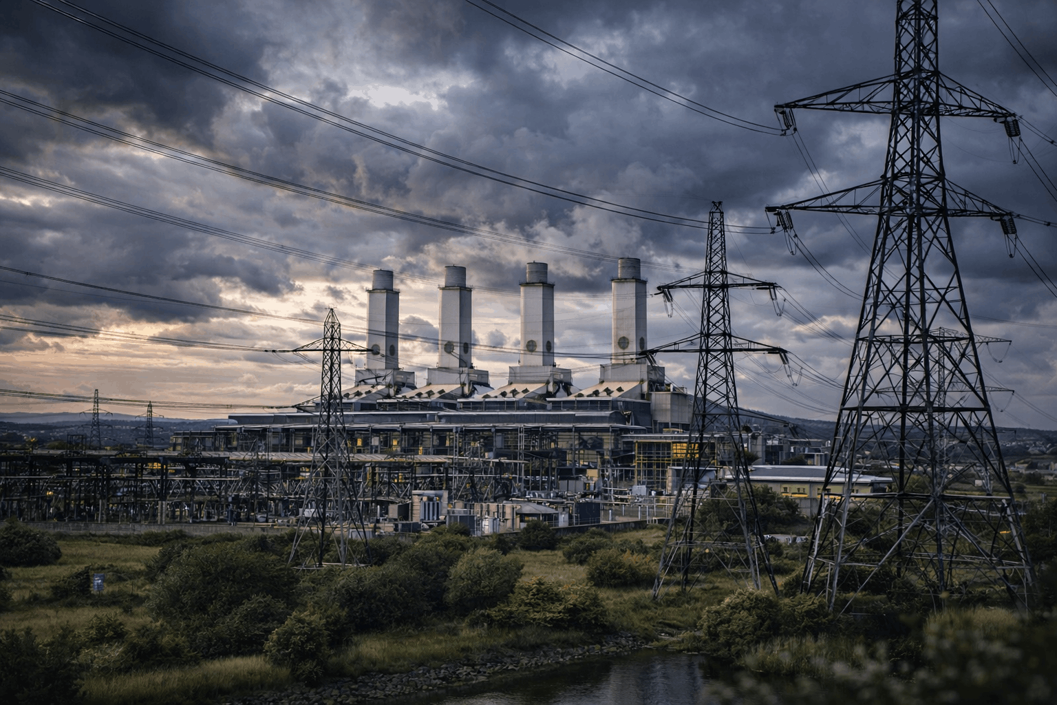UK power station with electricity pylons and transmission lines under a dramatic cloudy sky, representing national energy infrastructure during global energy shocks.