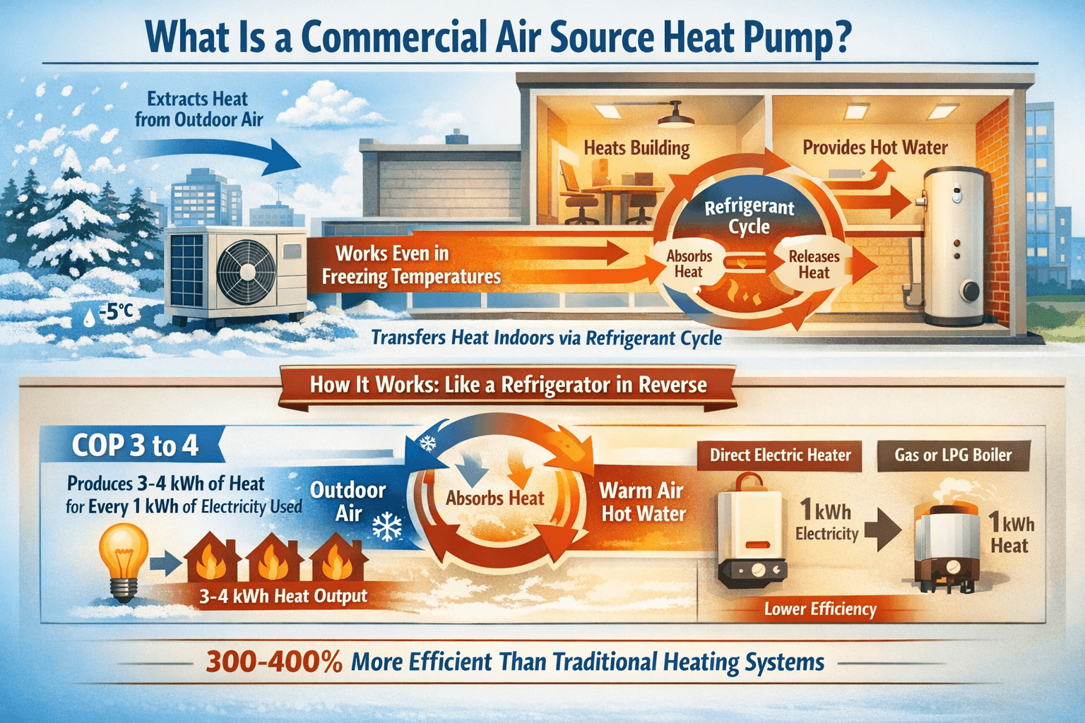 An infographic showing what a commercial heat pump is, how it works, and how efficient it is.