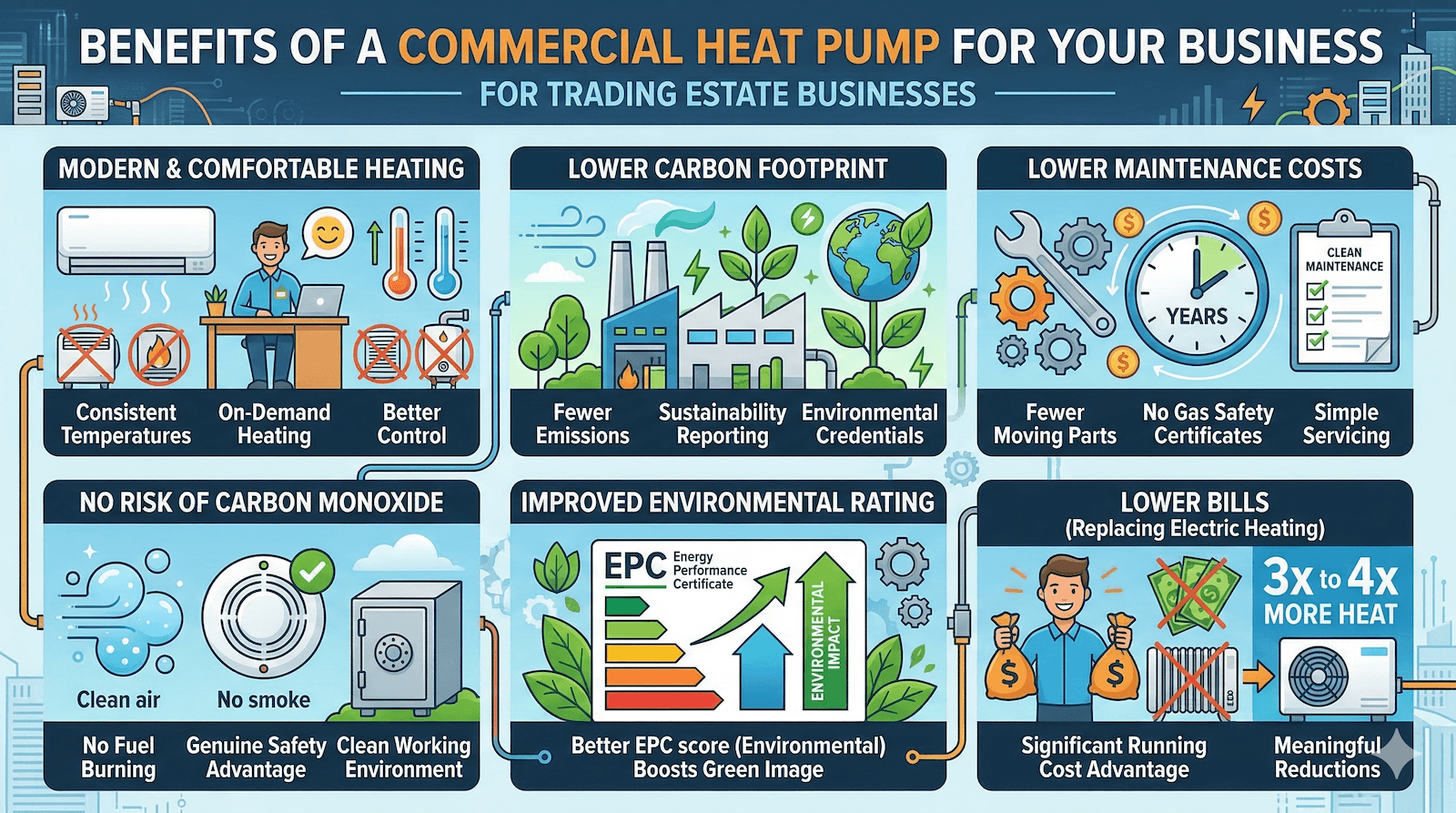 A detailed infographic listing all of the many benefits of installing a heat pump at your business premises in the south-west.