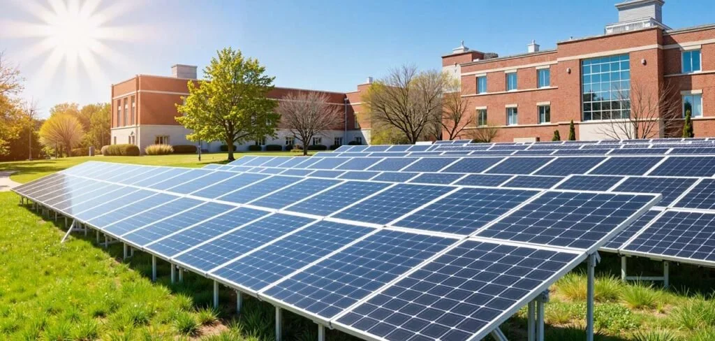 Large ground-mounted solar array on grass beside a commercial building in bright sunlight.