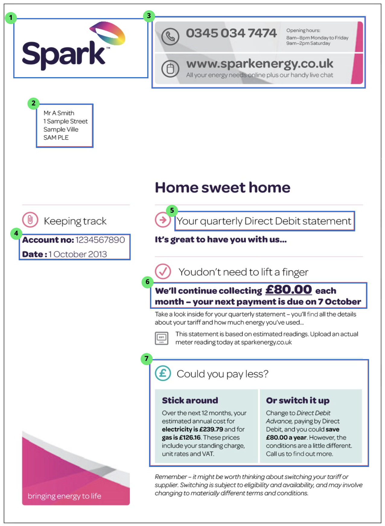 Example energy bill highlighting key details like account number, statement date, and monthly direct debit amount.