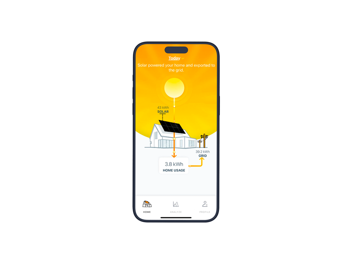Smartphone screen showing solar energy data for a home, including solar energy produced, energy sent to the grid, and home usage, with icons for navigation at the bottom.