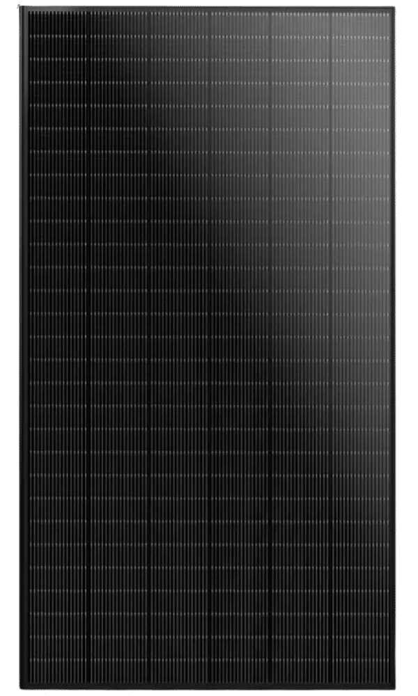 SunPower Performance 7 all-black shingled solar panel with overlapping cell design, featuring a uniform dark surface and subtle vertical lines, against a white background.