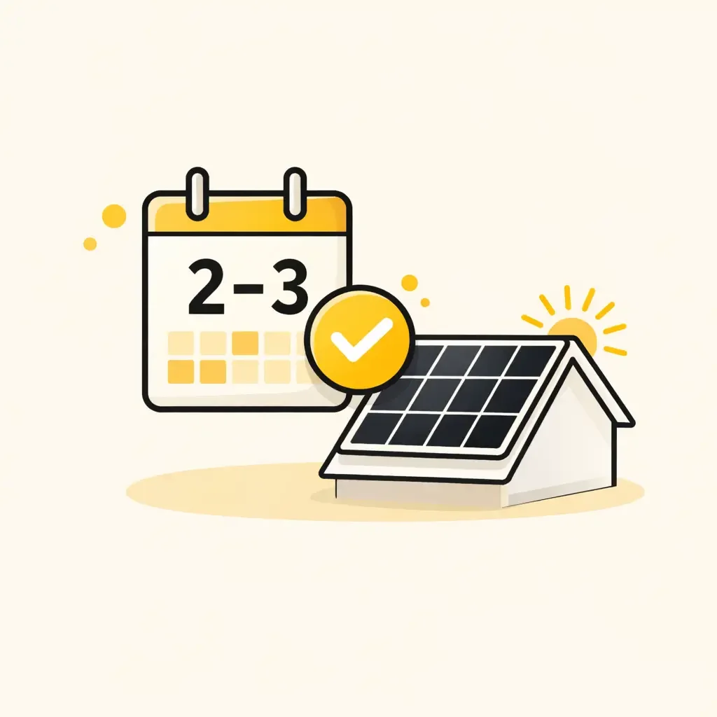 Step 3 infographic showing a 2–3 day install calendar and solar panel, labelled “03 Install.”