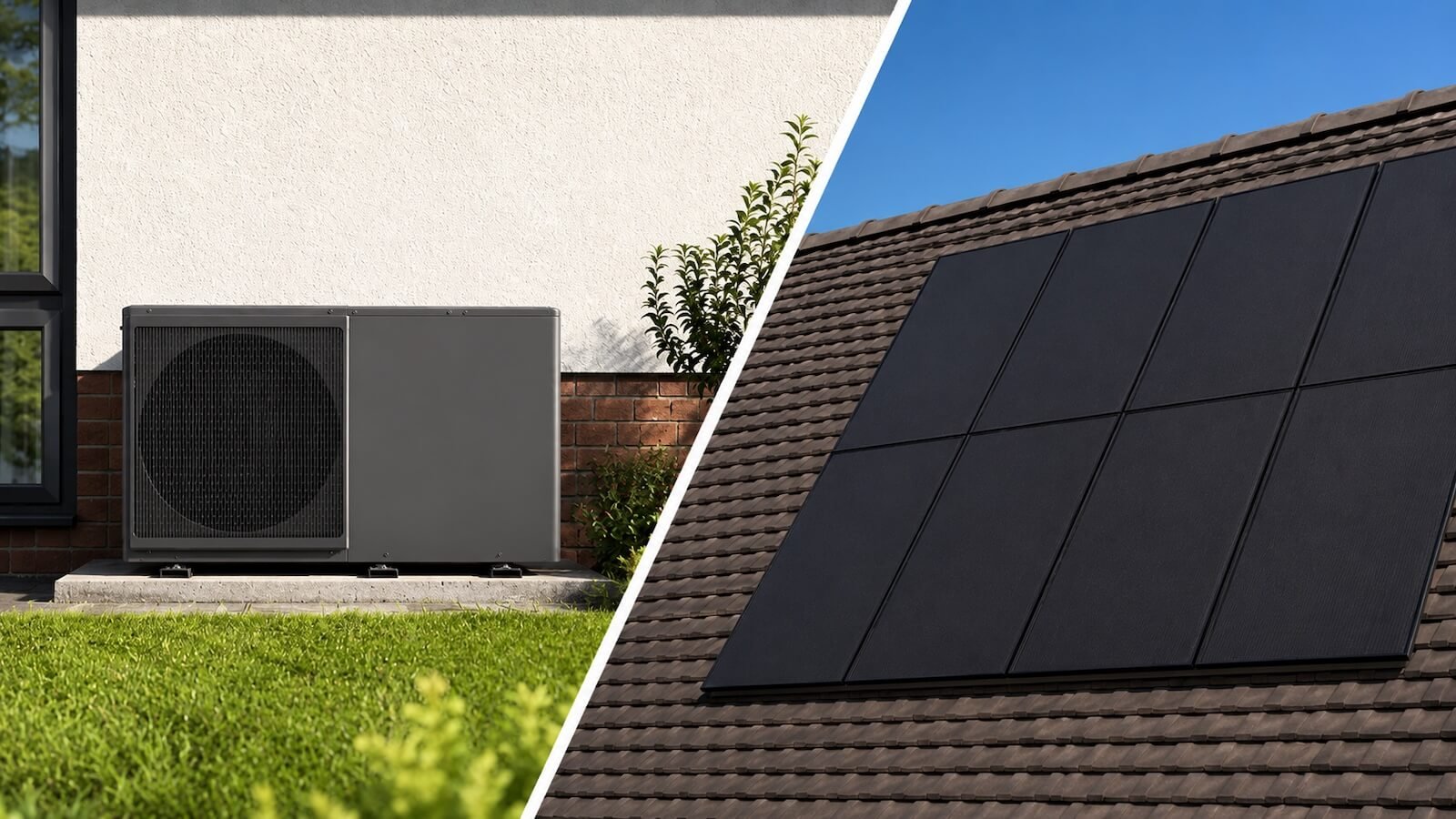 Split image showing an air source heat pump installed beside a UK home and matching all-black solar panels on the roof – the two technologies that make up a combined system.