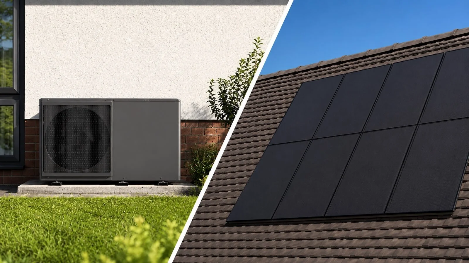 Split image showing an air source heat pump installed beside a UK home and matching all-black solar panels on the roof – the two technologies that make up a combined system.