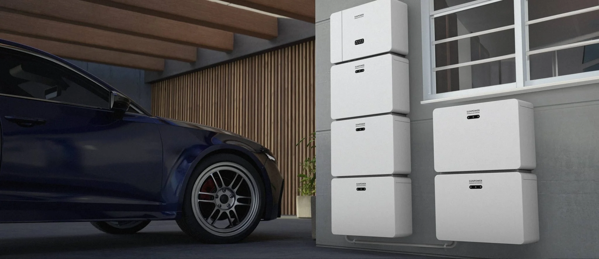 shows a dark blue electric car parked in a modern garage; right displays various configurations of stacked white SunPower home battery storage units mounted on walls.