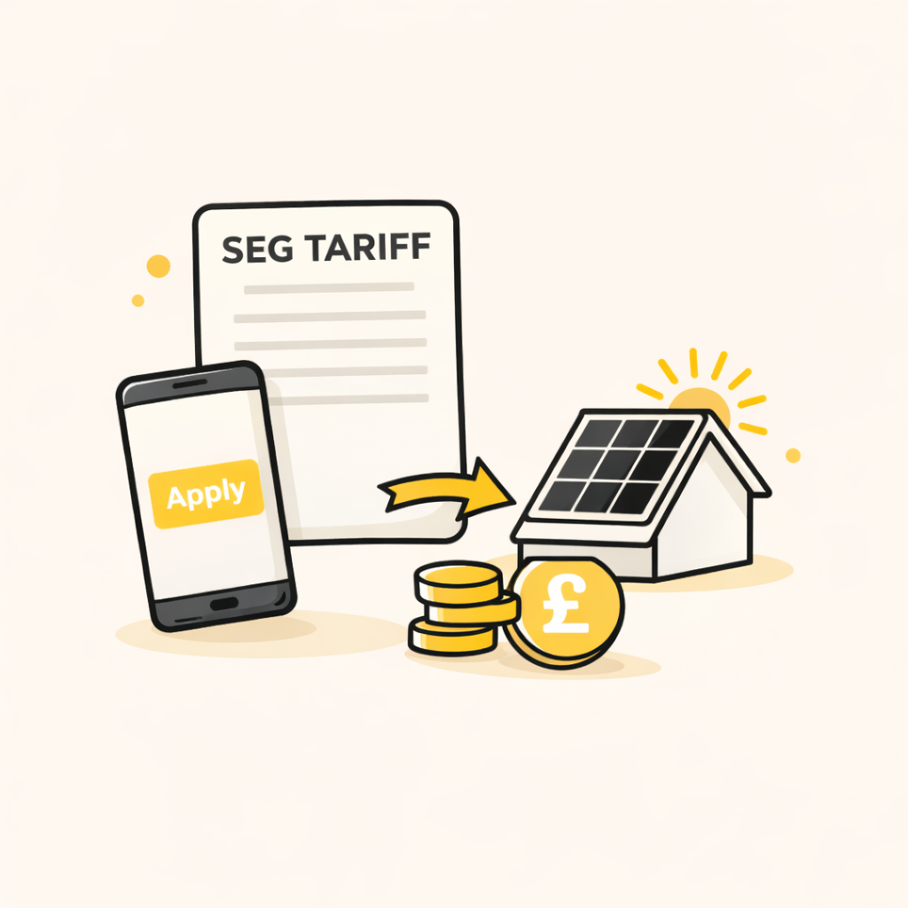 Step 5 infographic showing a SEG tariff document and phone “Apply” screen, with coins and a solar home, labelled “05 — SEG tariff.”