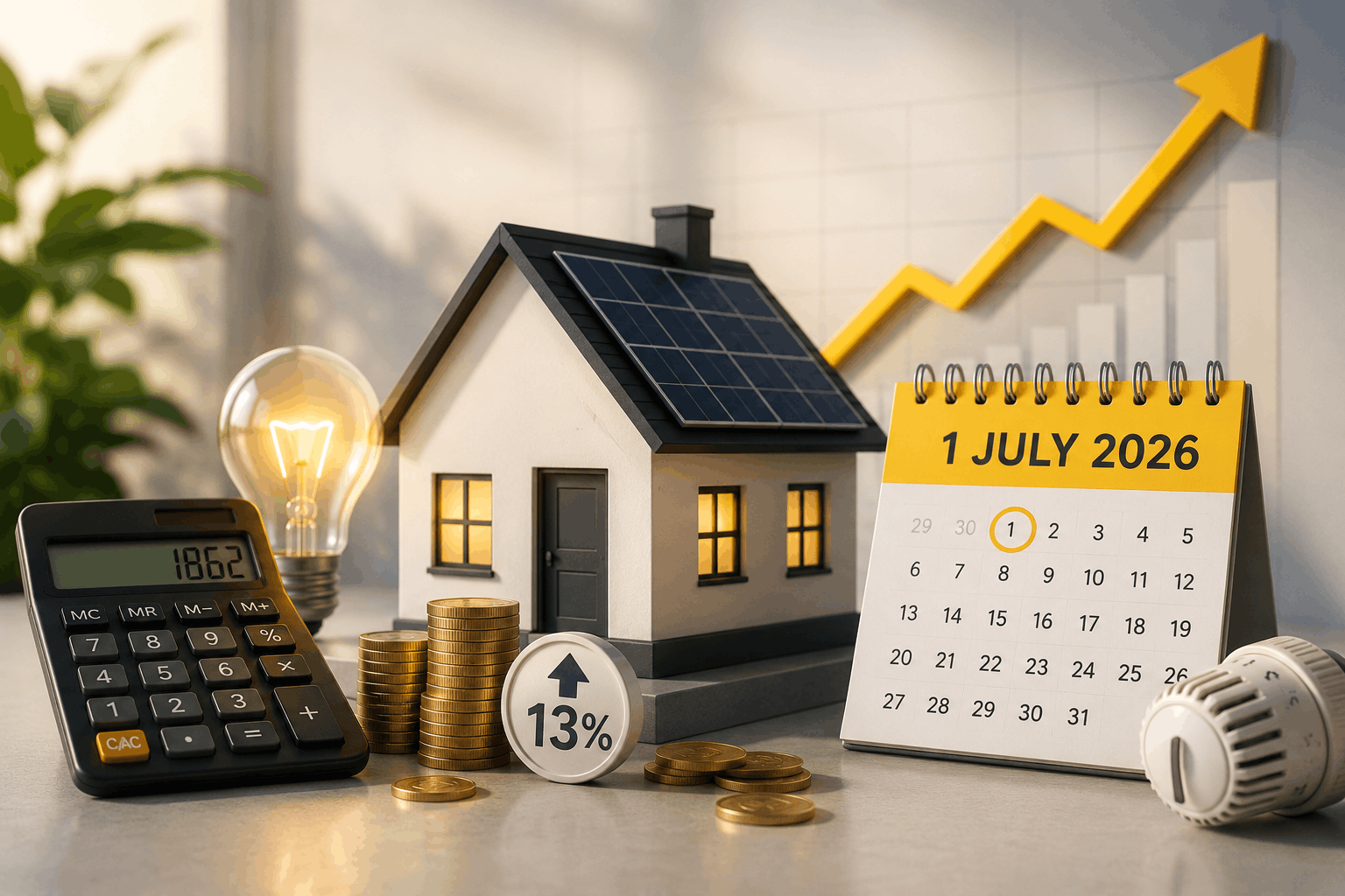 A house with solar panels beside a calculator, coins, a 13% rise marker and a 1 July 2026 calendar, representing the Ofgem energy price cap increase and rising household energy bills.