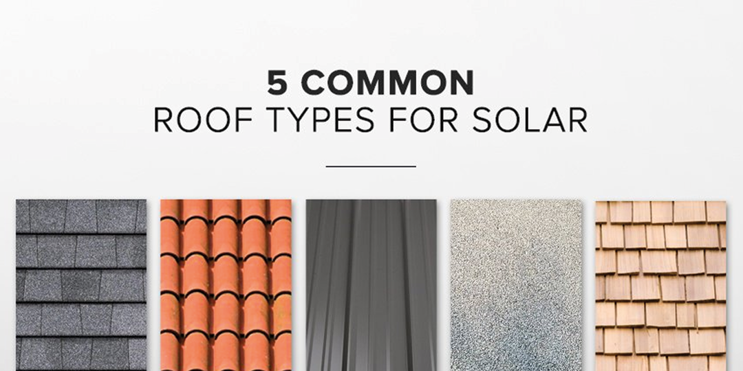 Graphic titled “5 common roof types for solar” showing five roof material examples.