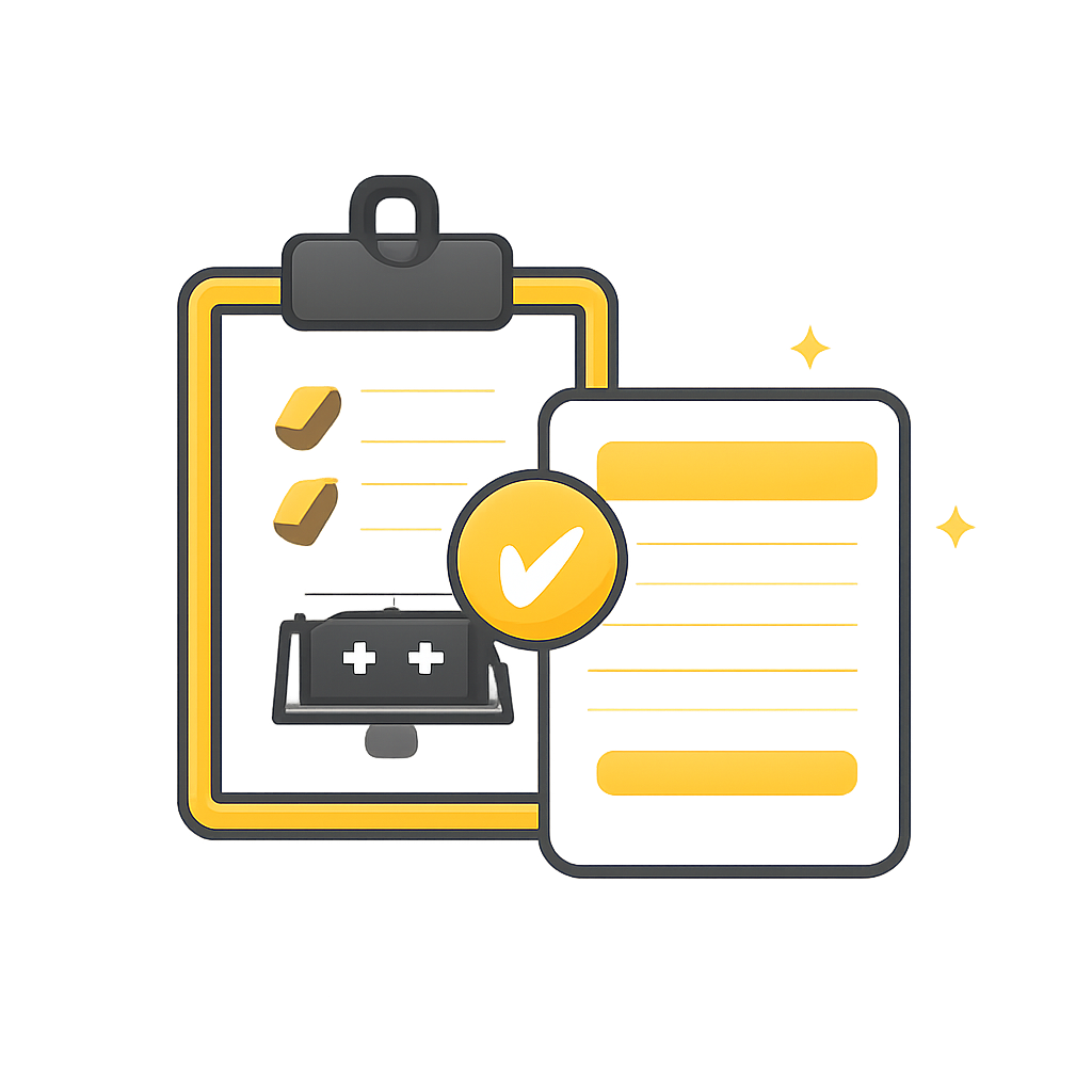Illustrated clipboard checklist featuring icons for gold bars (savings), a battery storage unit, and an air source heat pump, with a large green checkmark and sparkling stars indicating approval.