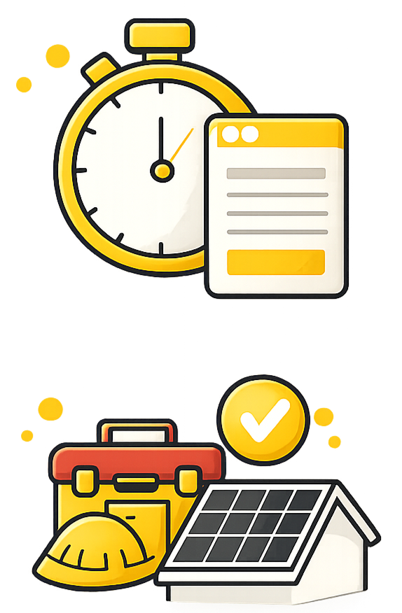 Illustration of a stopwatch and form above a toolbox, hard hat, and solar panel with a checkmark.
