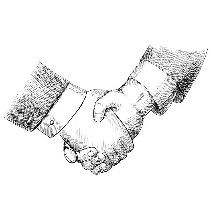 Black-and-white sketch of two people shaking hands.