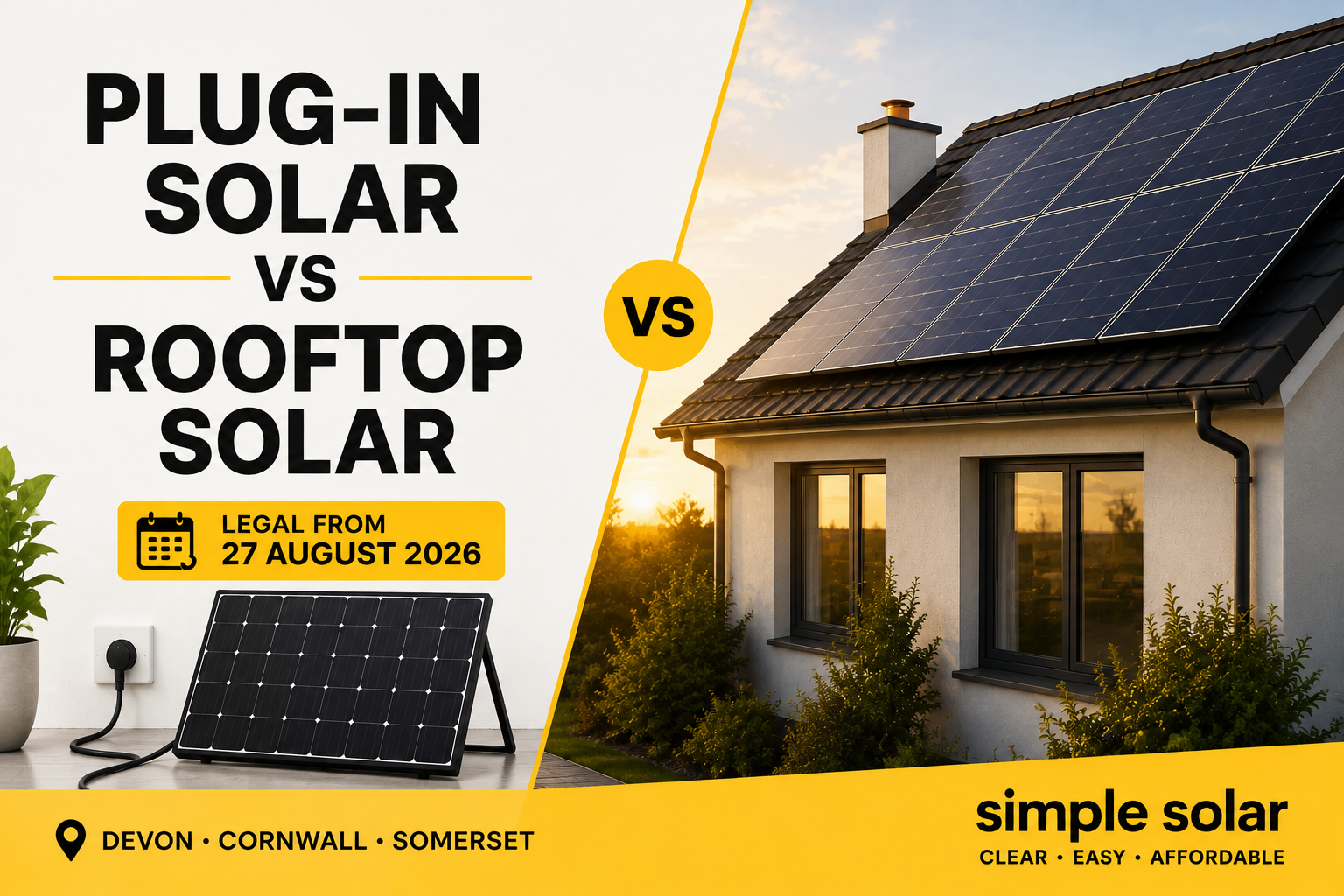 Plug-in solar panel connected to a wall socket compared with rooftop solar panels on a home, highlighting new UK plug-in solar rules from 27 August 2026.