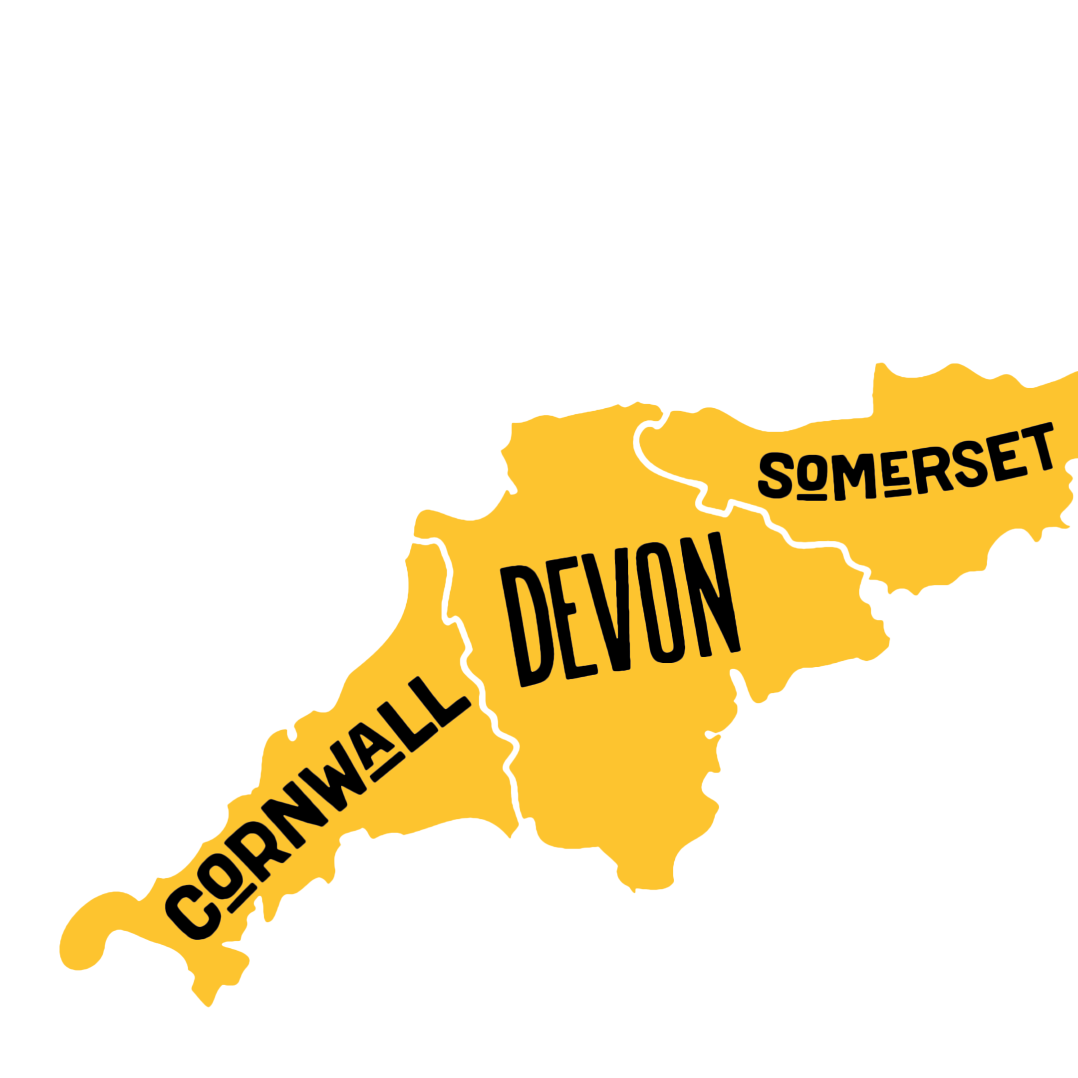 Stylized yellow map outline of South West England highlighting Cornwall, Devon, and Somerset counties with bold black county names overlaid on the shapes.