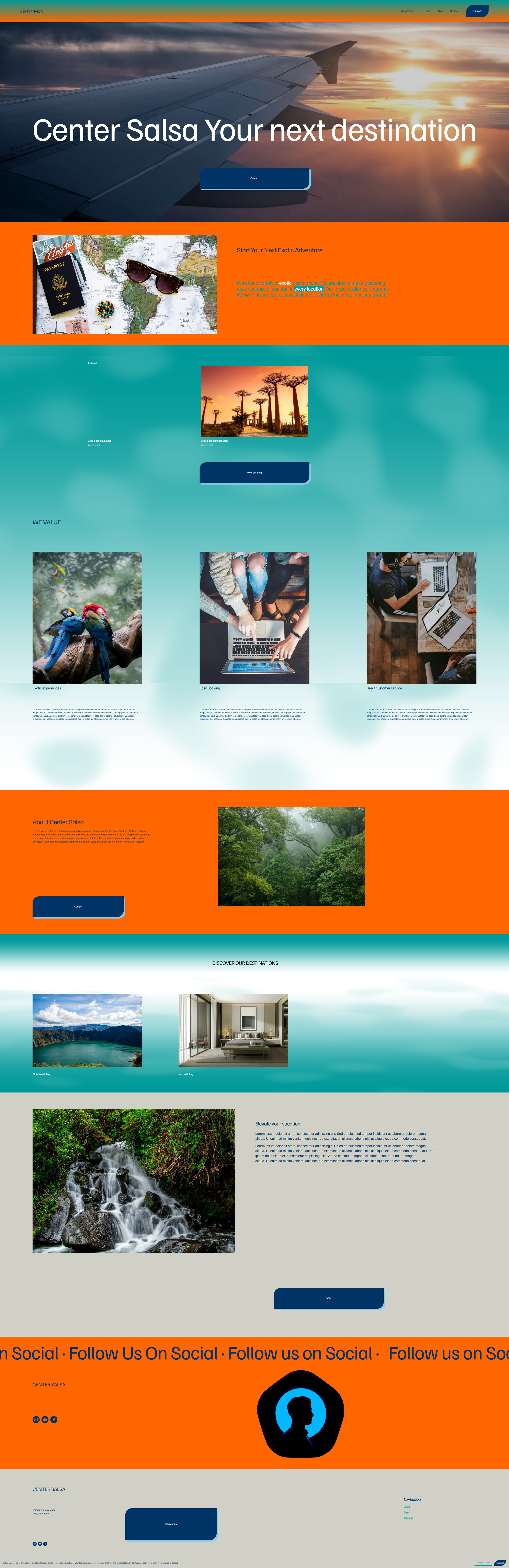 Website homepage for Center Salsa promoting travel and adventure destinations with images of the airplane wing, travelers' accessories, scenic landscapes, waterfalls, and hotel room interiors.