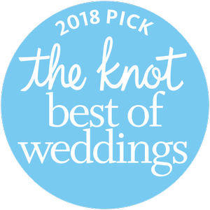 Blue circular badge with white text that reads '2018 PICK the knot best of weddings'.