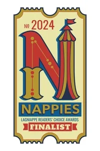 A colorful badge or ticket design with the text 'No 2024 NAPPIES LAGNIAPPE READERS' CHOICE AWARDS FINALIST' and a large decorative letter 'N' at the center.
