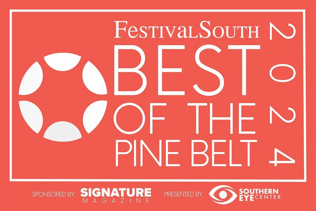 Promotional graphic for the 2024 Festival South Best of the Pine Belt, sponsored by Signature Magazine and presented by Southern Eye Center, featuring a circular design resembling a volleyball or a spotlight.