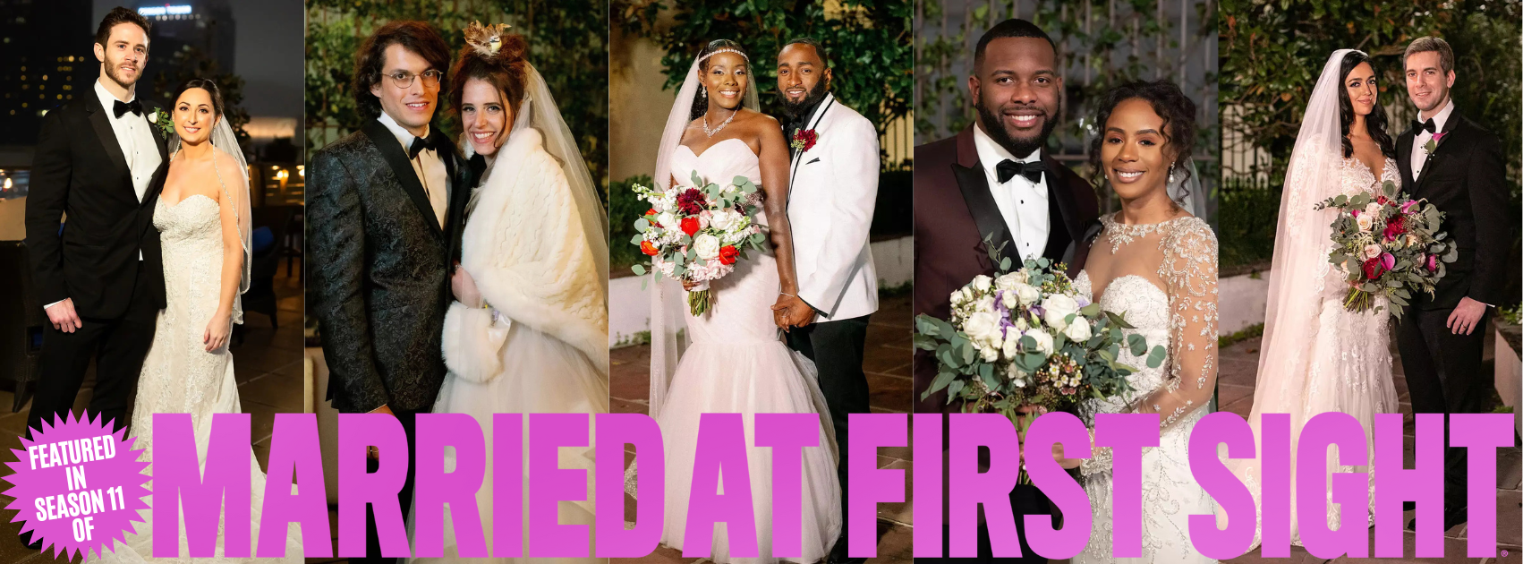Collage of six couples in wedding attire from Married at First Sight Season 11 at their wedding or reception, smiling and posing for photos.