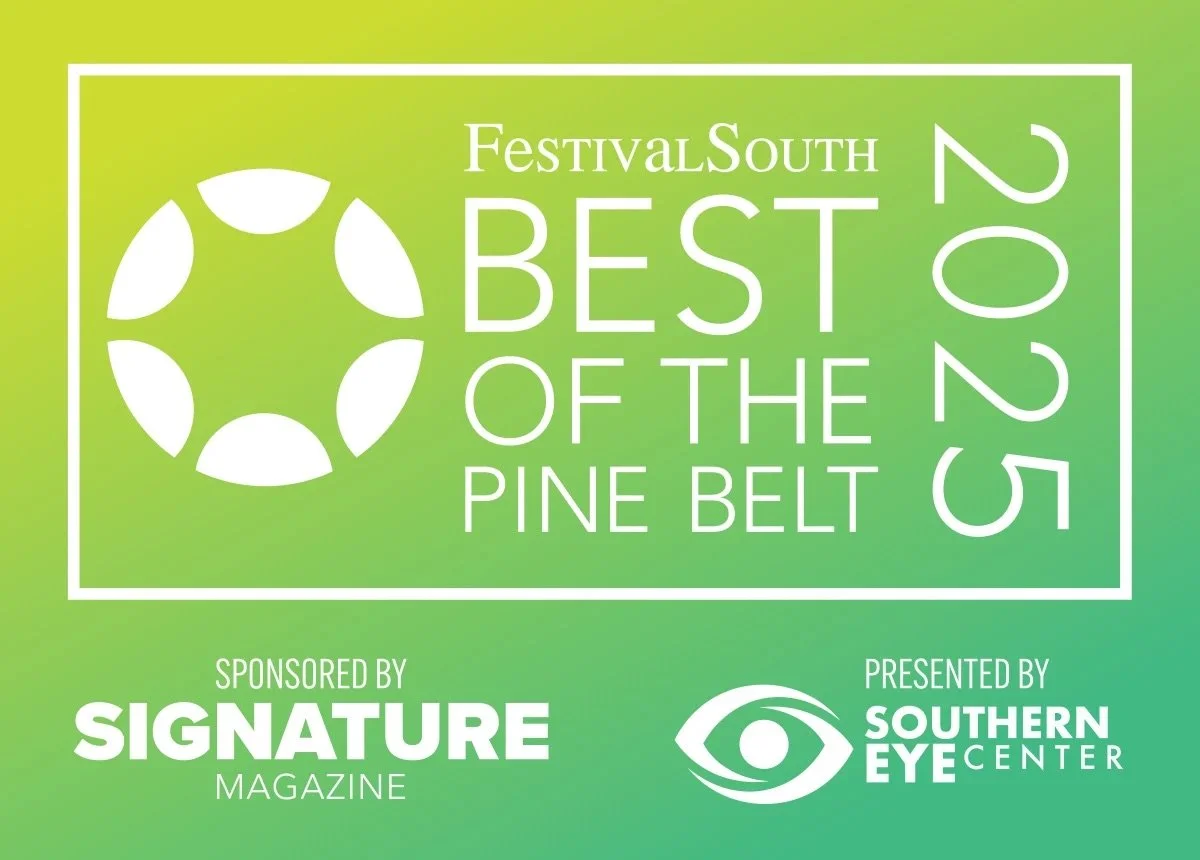 Award graphic for the 2025 Festival South Best of the Pine Belt, sponsored by Signature Magazine and presented by Southern Eye Center, with a green gradient background and white text and graphics.