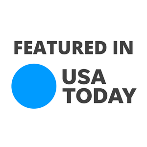 Text that reads 'FEATURED IN USA TODAY' with a blue dot next to the words
