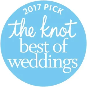 Light blue circular badge with white text that reads "2017 Pick the Knot Best of Weddings."