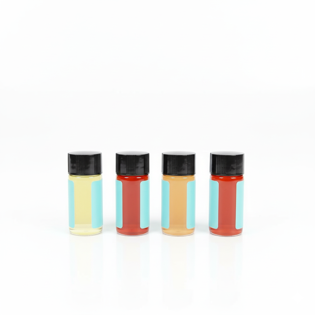 Four small bottles filled with colored liquids, each with black caps and blue labels, lined up on a white background.
