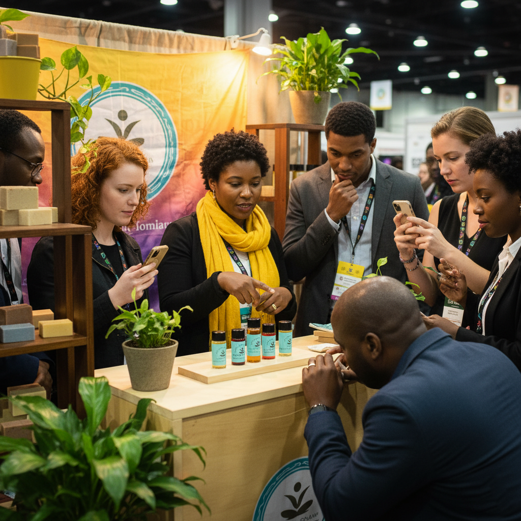People gathered around a booth at an event, examining products displayed on the table, with some taking photos and discussing. The booth has potted plants and a colorful banner in the background.