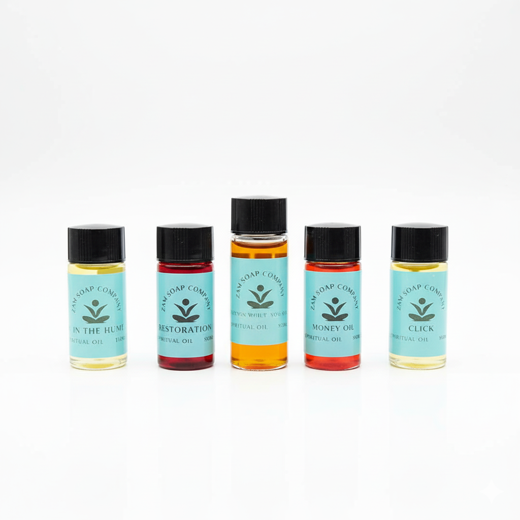 Five small bottles of spiritual oils with black caps and blue labels, arranged in a row on a white background.