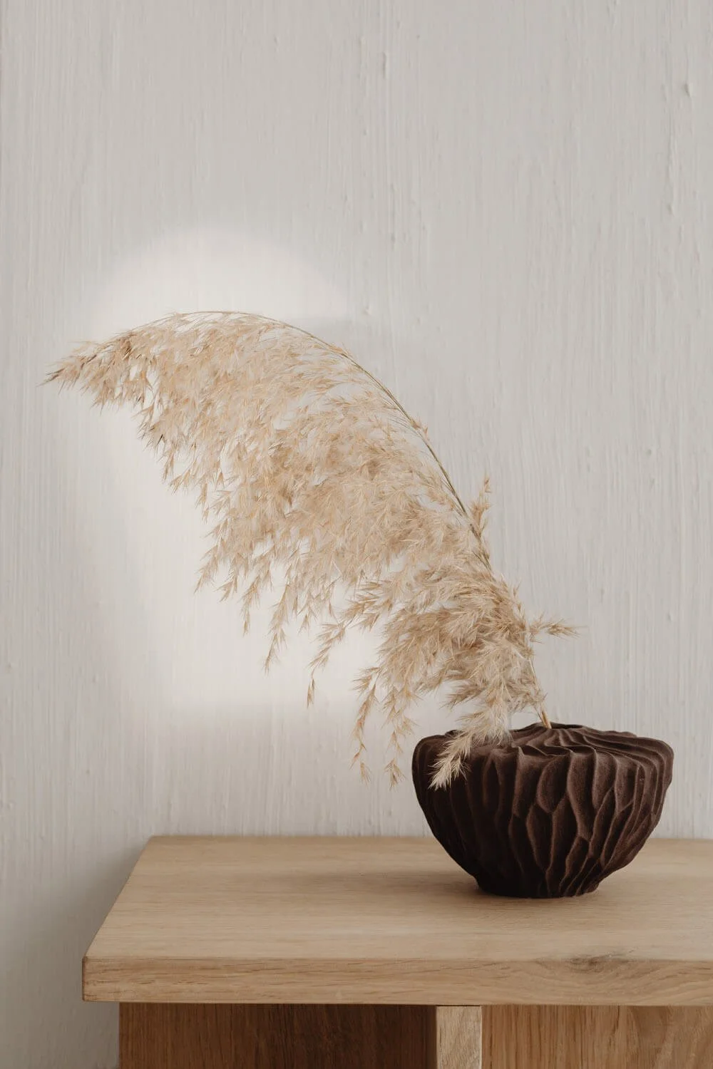 Vase mit getrocknetem Pampasgras auf einer Holztischplatte, minimalistischer Hintergrund.