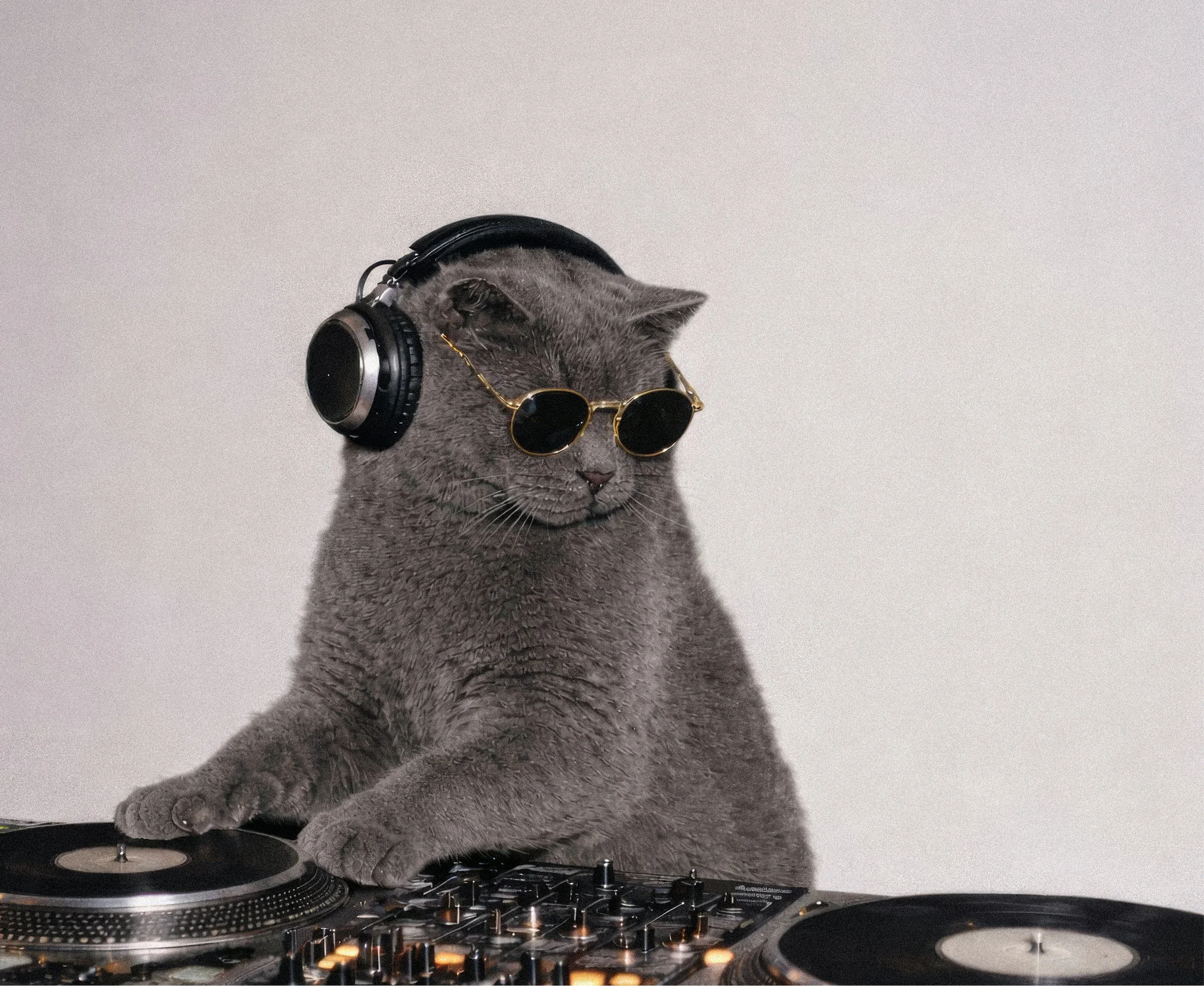 Eine Katze trägt eine schwarze Kopfhörer und eine Sonnenbrille, steht vor einem DJ-Pult.
