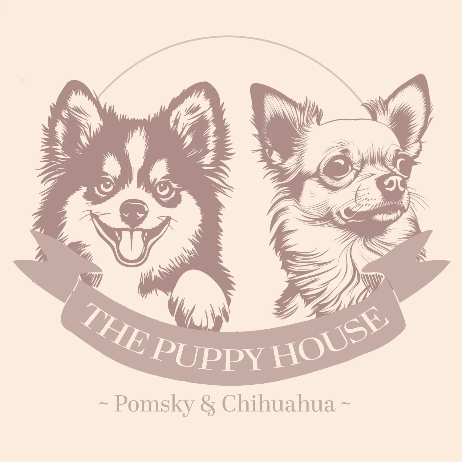 Logotipo con dibujos de un perro pastor alemán y un chihuahua, junto con el texto "The Puppy House" y los nombres "Pomsky & Chihuahua".