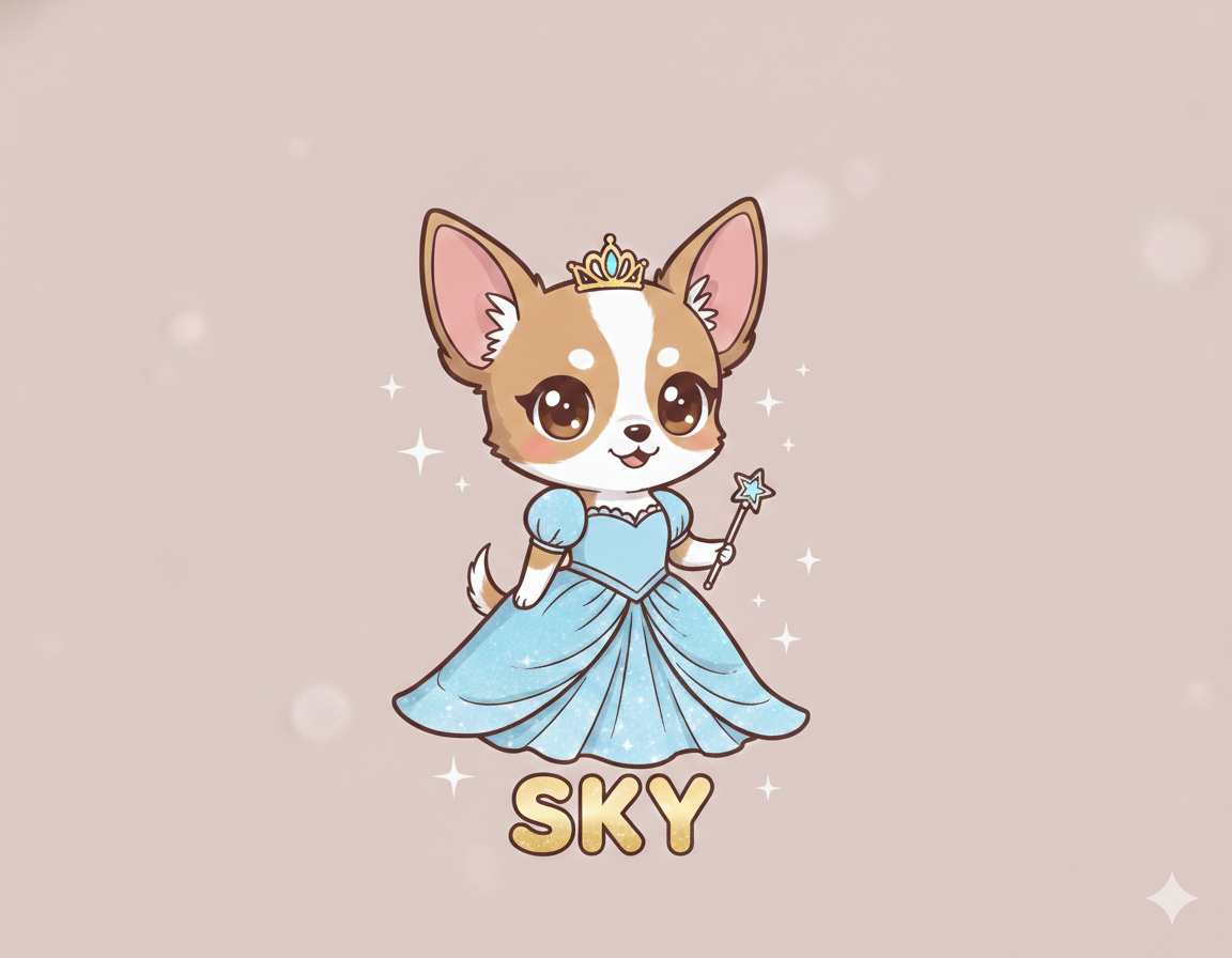 una perrito chihuhuhua llamada sky, con un vestido de princesa y una varita con una estrella en la punta