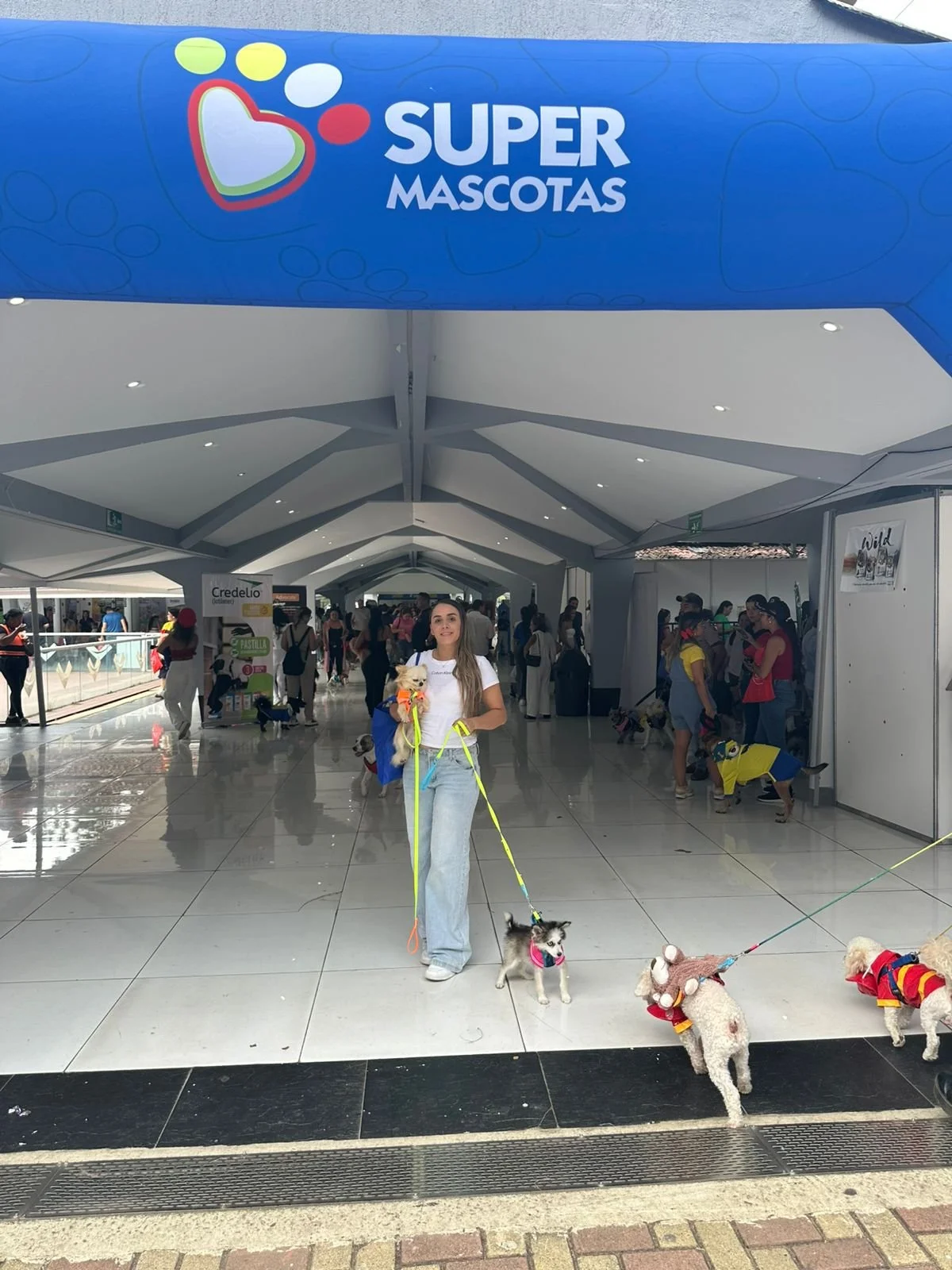 Escenario de un evento llamado 'Super Mascotas' en un recinto cerrado, con muchas personas y perros con disfraces.