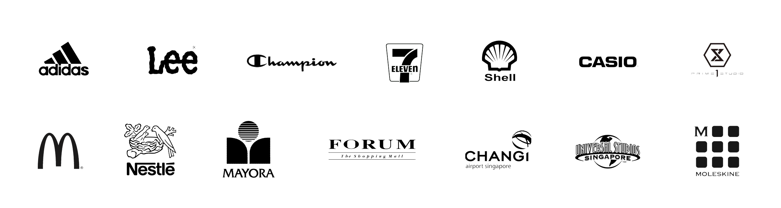 A collection of 16 different brand logos, including Adidas, Lee, Champion, 7 Eleven, Shell, Casio, Puma, McDonald's, Nestlé, Mayora, Forum, Changi, Unilever, and Moleskine.