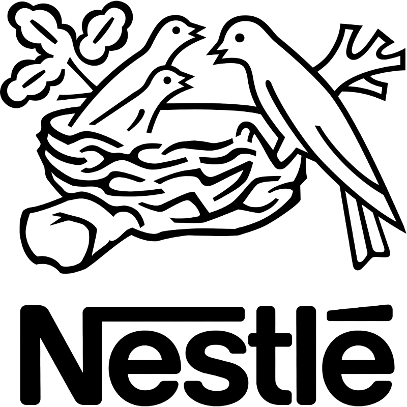 Outline drawing of a bird feeding two young birds in a nest with leaves above, and the word 'Nestlé' below.