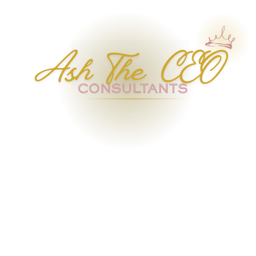 Logo for Ash The CEO Consultants featuring a gold and pink design with a light bulb icon and the company's name.