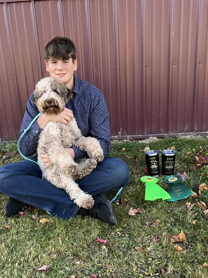 A young boy sitting cross-legged on the grass, holding a curly-haired dog. Behind them is a reddish-brown metal building. To their right, on the ground, are two black cups with the year 2024 written on them, a green ribbon, a blue ribbon, and some fa