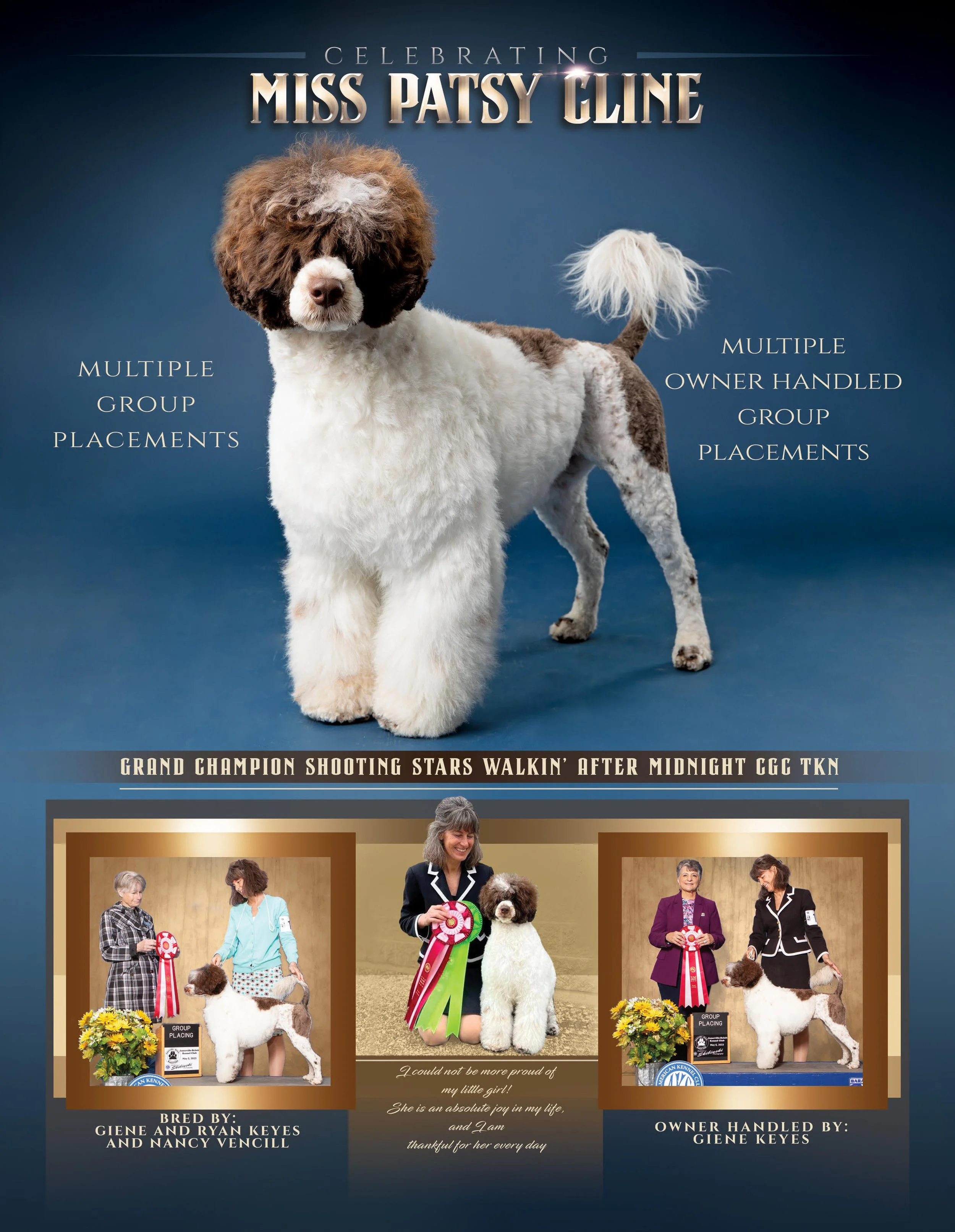 Post celebrating Miss Patsy Cline, featuring a dog with paw='multiple group placements' and owner='multiple owner handled group placements', showing three images of the dog and owner, with ribbons and awards.
