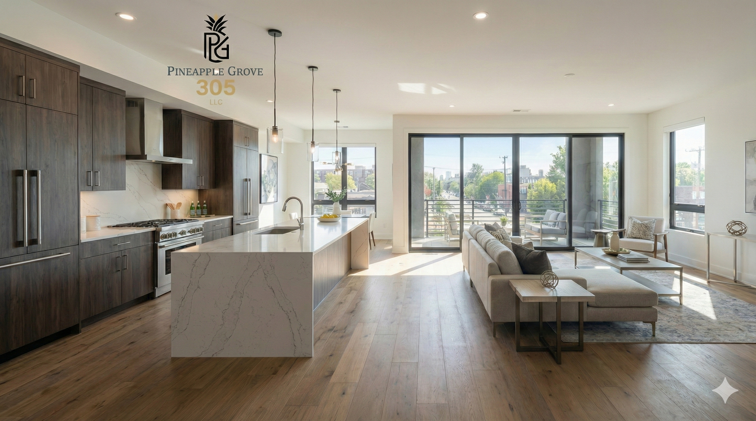 Open-concept living space with a modern kitchen and a bright living room with large windows and a balcony view.