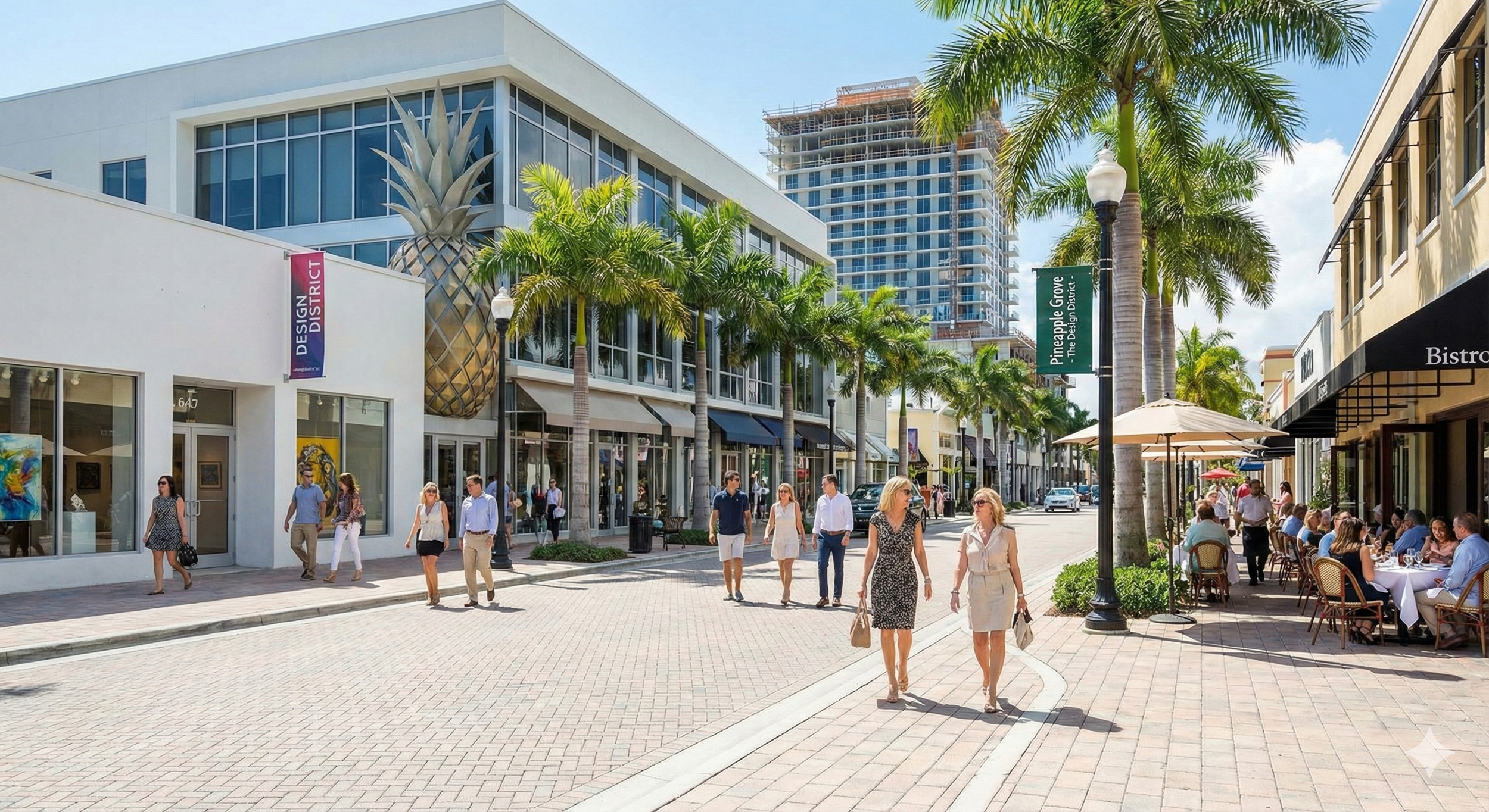People walking along a sunny outdoor shopping street lined with palm trees, storefronts, and outdoor dining tables, with a large pineapple sculpture attached to a building in the background.