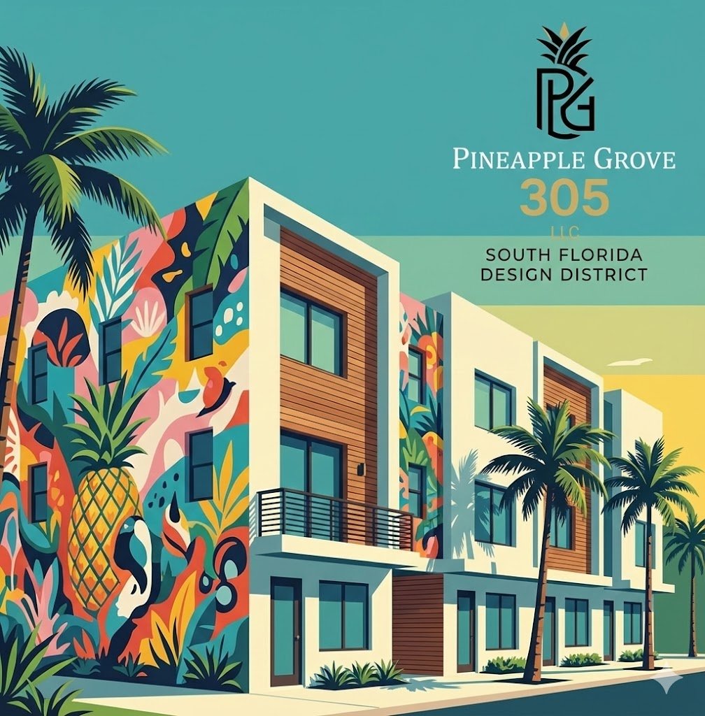 Colorful mural of tropical plants, parrots, and a pineapple on the side of a modern building with palm trees in South Florida