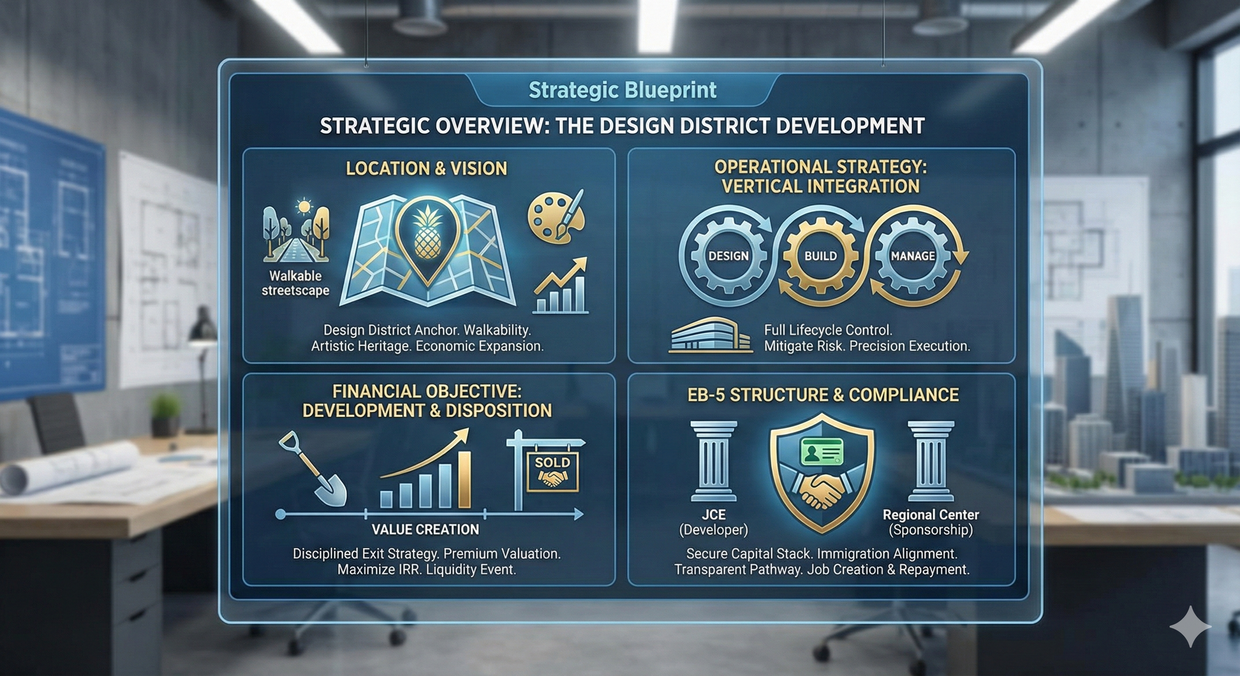A digital strategic blueprint displayed on a transparent screen in a boardroom, outlining design district development with icons and text for location, operational strategy, financial objective, and compliance.