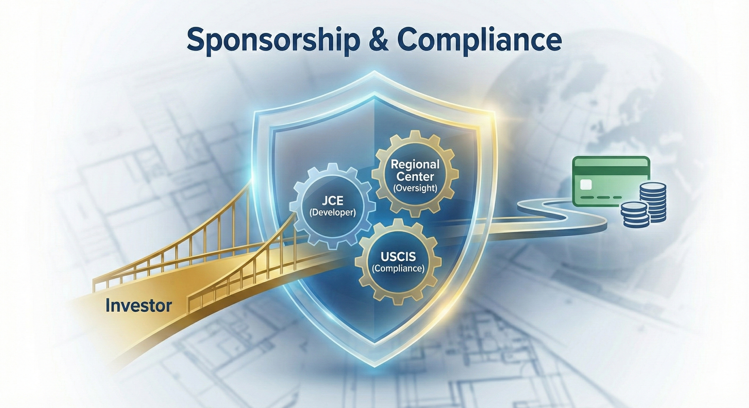 A graphic illustrating sponsorship and compliance processes with gears labeled JCE Developer, Regional Center Oversight, and USCIS Compliance inside a shield, an investor bridge, and financial icons including a credit card and coins.